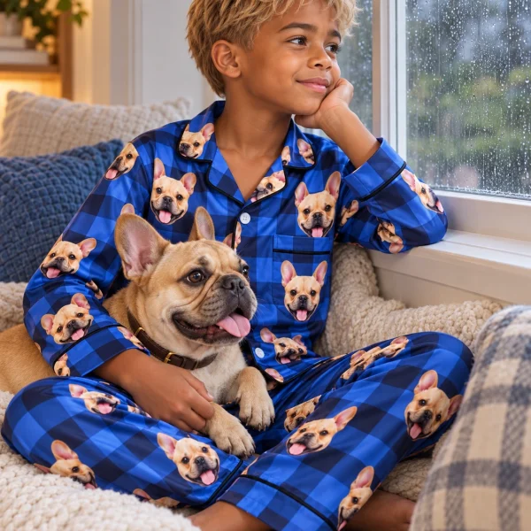 Boy in boys plaid pajama pants with his French bulldog — MyDogPics