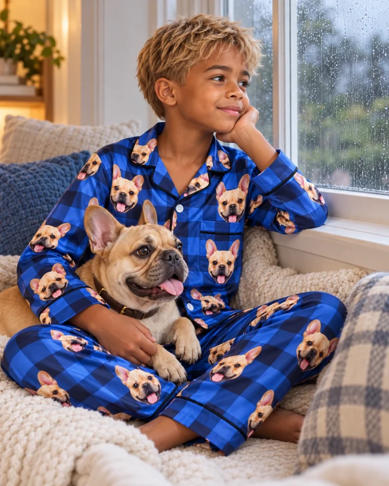 Boy in boys plaid pajama pants with his French bulldog — MyDogPics