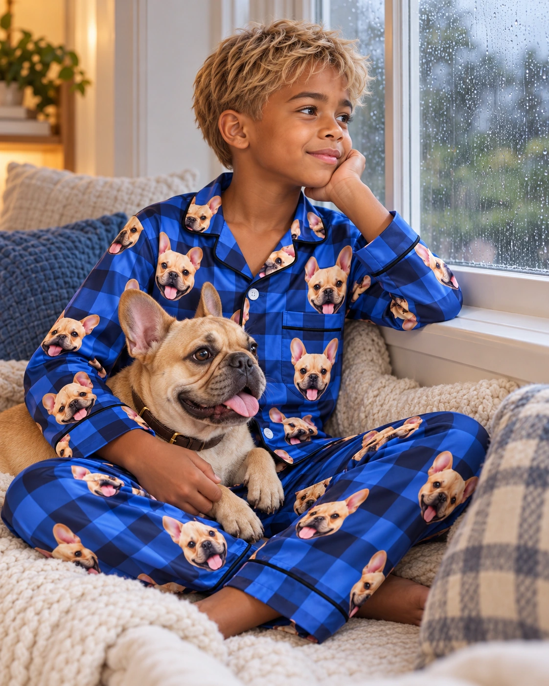 Boys Plaid Pajama Pants – With Dog, Blue Plaid | MyDogPics Boy in boys plaid pajama pants with his French bulldog — MyDogPics