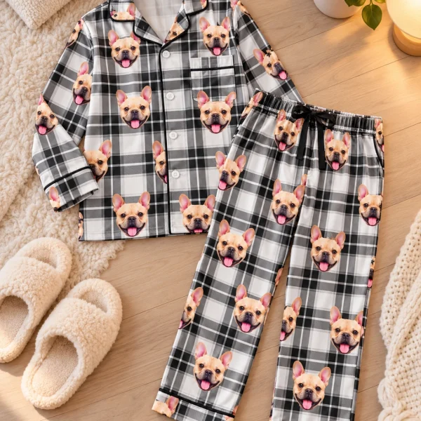Flat lay of boys plaid pajamas: shirt and pants covered in fawn French bulldog faces — MyDogPics