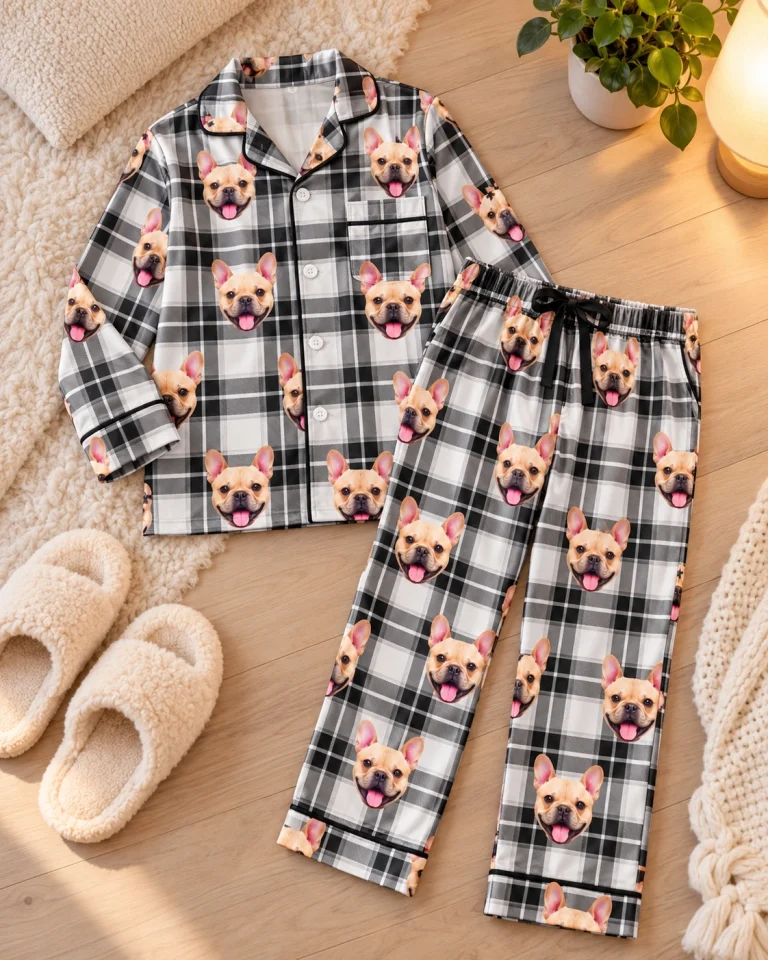 Flat lay of boys plaid pajamas: shirt and pants covered in fawn French bulldog faces — MyDogPics