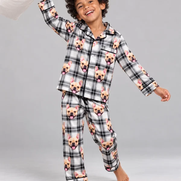 Boy wearing boys plaid pajamas covered in fawn French bulldog faces on white plaid satin — MyDogPics