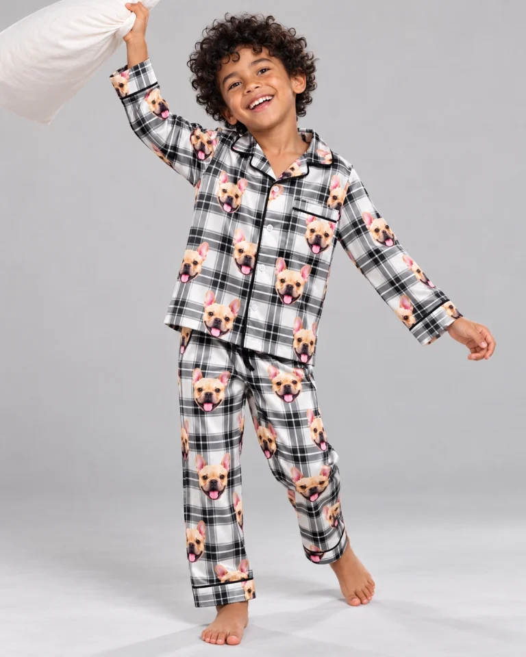 Boy wearing boys plaid pajamas covered in fawn French bulldog faces on white plaid satin — MyDogPics