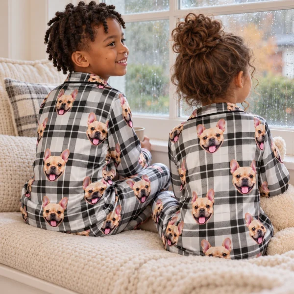 Back view of kids in boys plaid pajamas with fawn French bulldog faces — MyDogPics