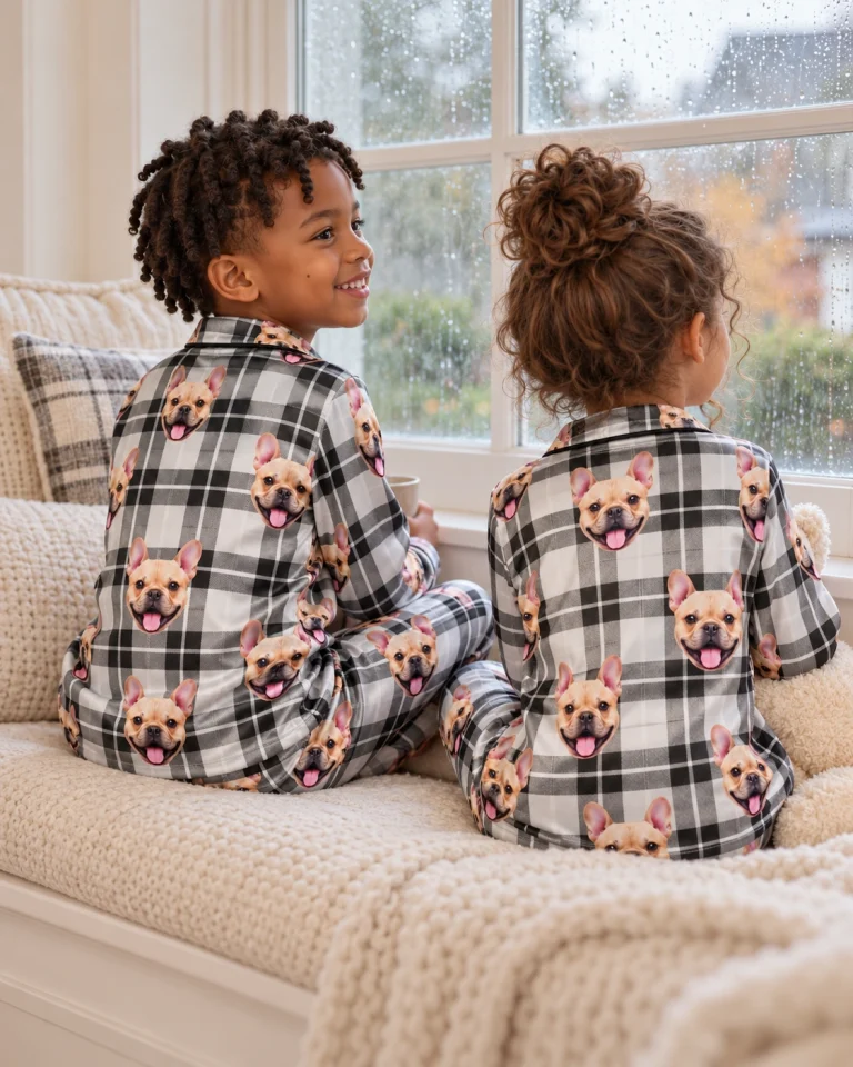 Back view of kids in boys plaid pajamas with fawn French bulldog faces — MyDogPics