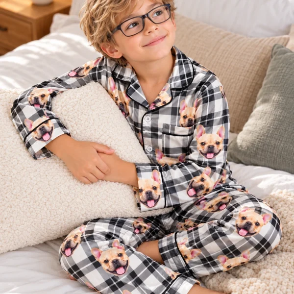 Boy posing in boys plaid pajamas, fawn French bulldog faces on white plaid satin — MyDogPics
