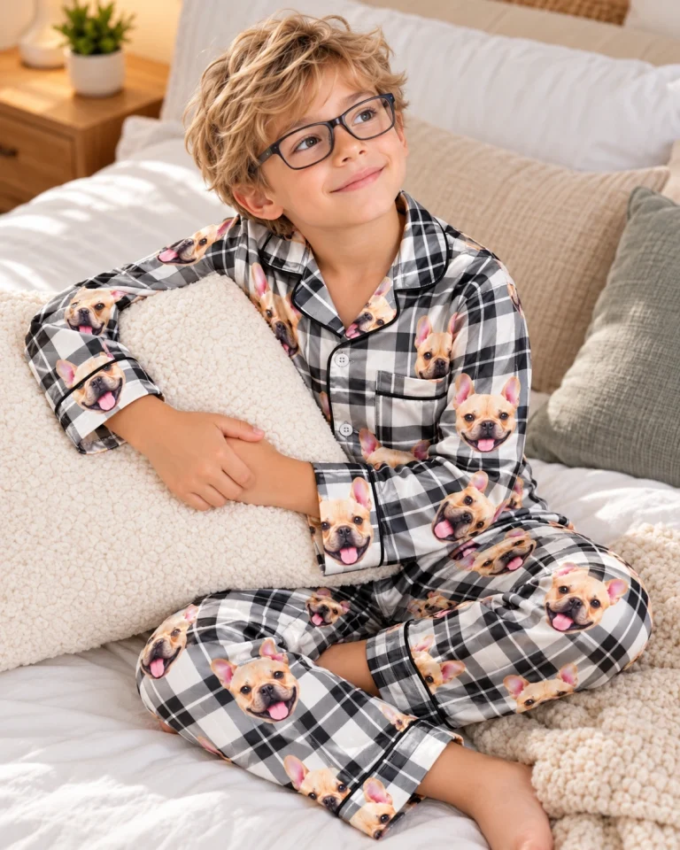 Boy posing in boys plaid pajamas, fawn French bulldog faces on white plaid satin — MyDogPics