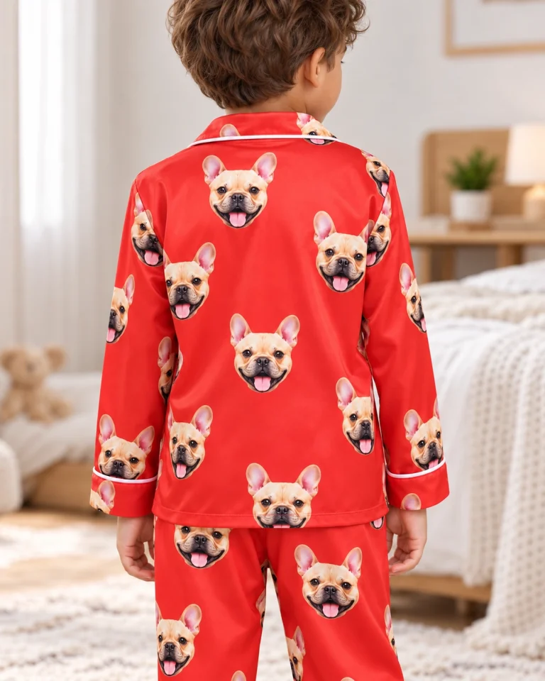 Back view of boys red pajamas: the print continues all the way round — MyDogPics