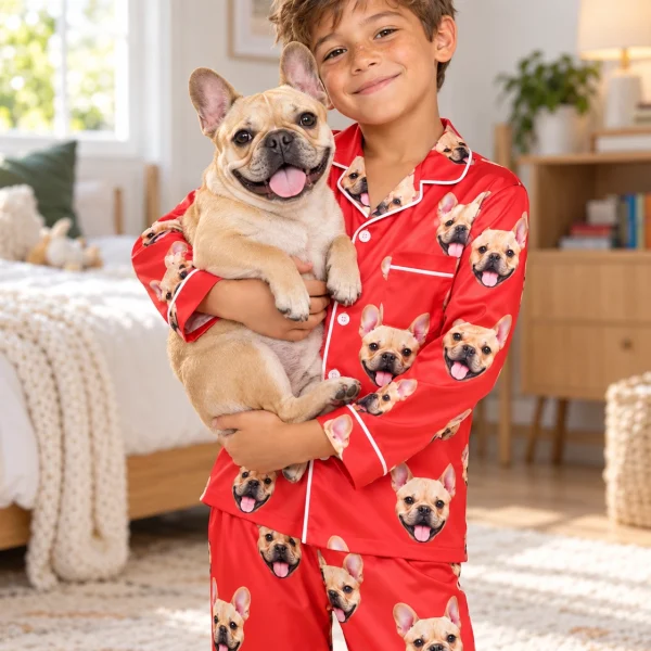 Boy in boys red pajamas holding his French bulldog — MyDogPics