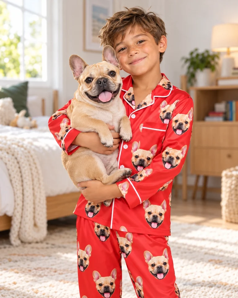 Boy in boys red pajamas holding his French bulldog — MyDogPics