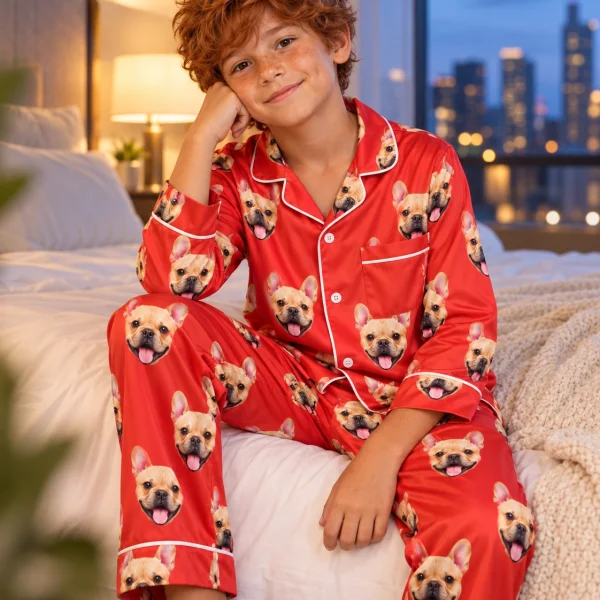 Boy sitting in boys red pajamas covered in fawn French bulldog faces — MyDogPics
