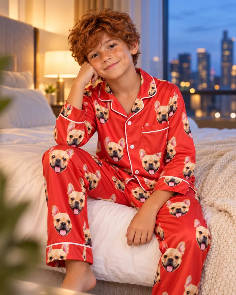 Boy sitting in boys red pajamas covered in fawn French bulldog faces — MyDogPics