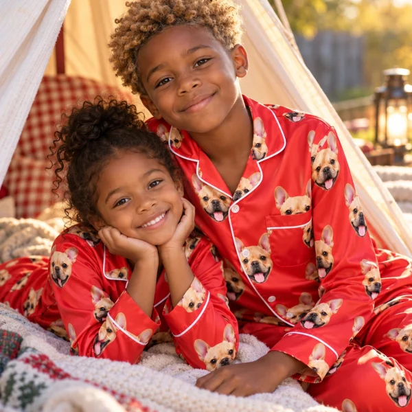 Two kids in boys red pajamas with fawn French bulldog faces on red satin — MyDogPics