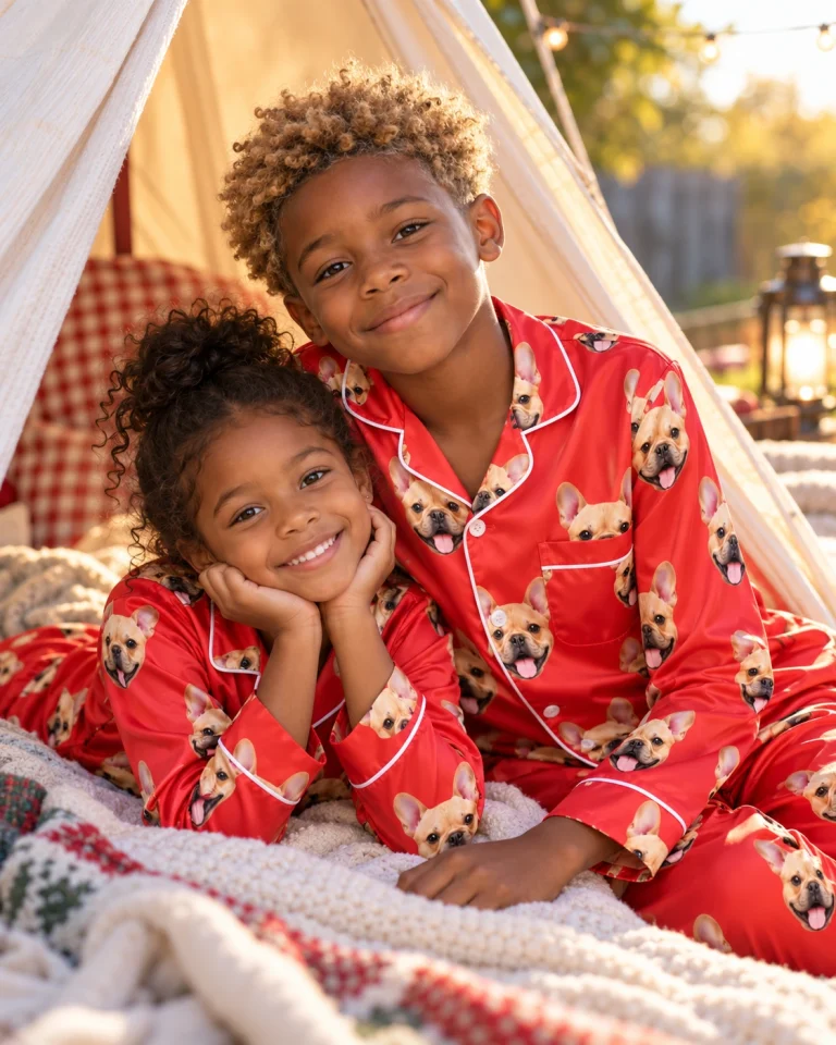 Two kids in boys red pajamas with fawn French bulldog faces on red satin — MyDogPics