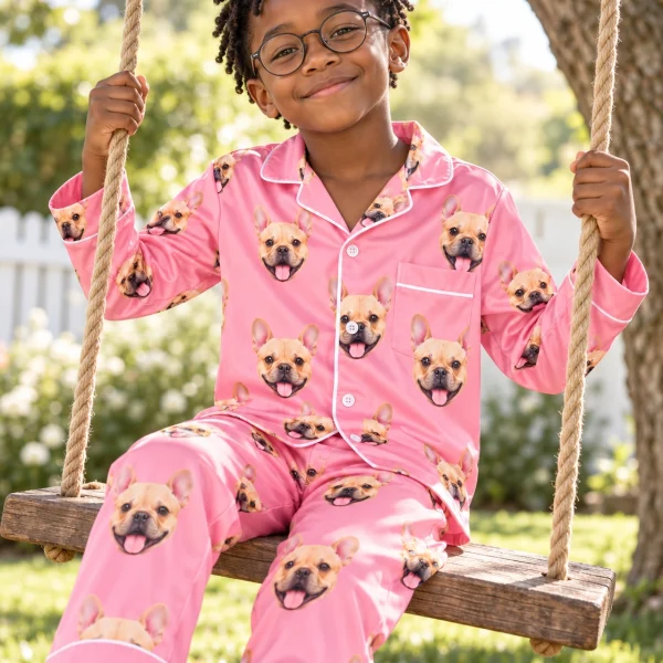 Boy posing in boys Valentines pajamas, fawn French bulldog faces on pink satin — MyDogPics