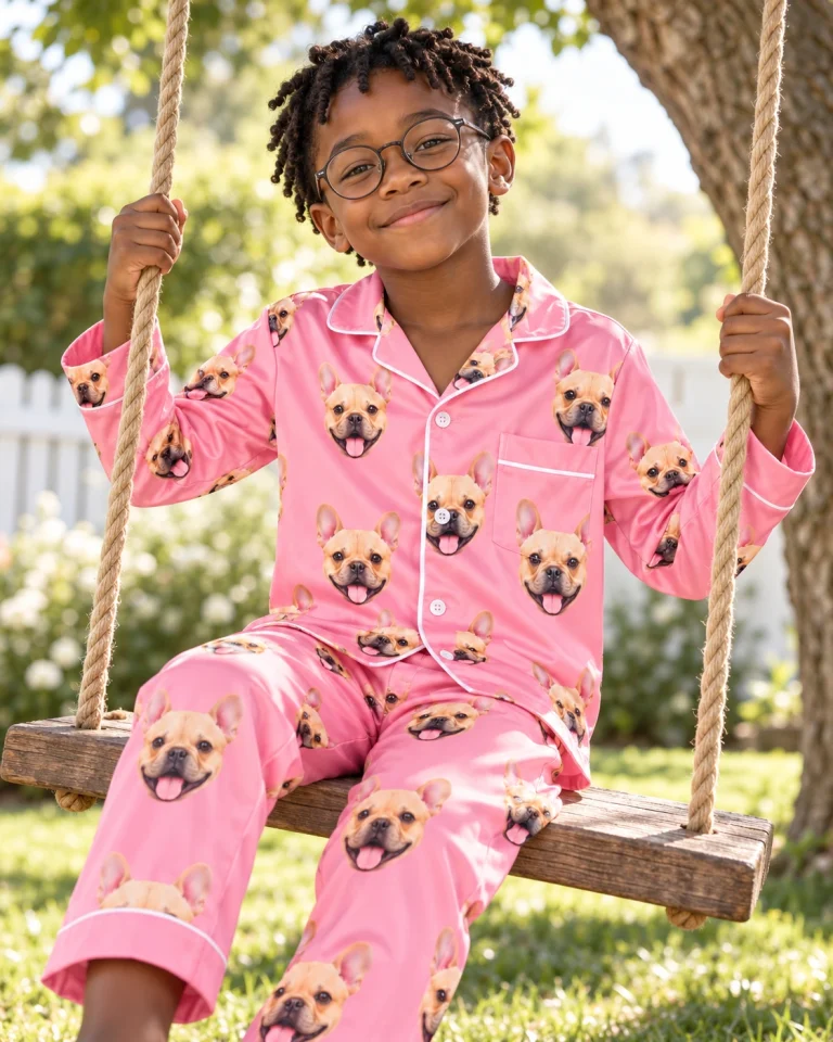 Boy posing in boys Valentines pajamas, fawn French bulldog faces on pink satin — MyDogPics