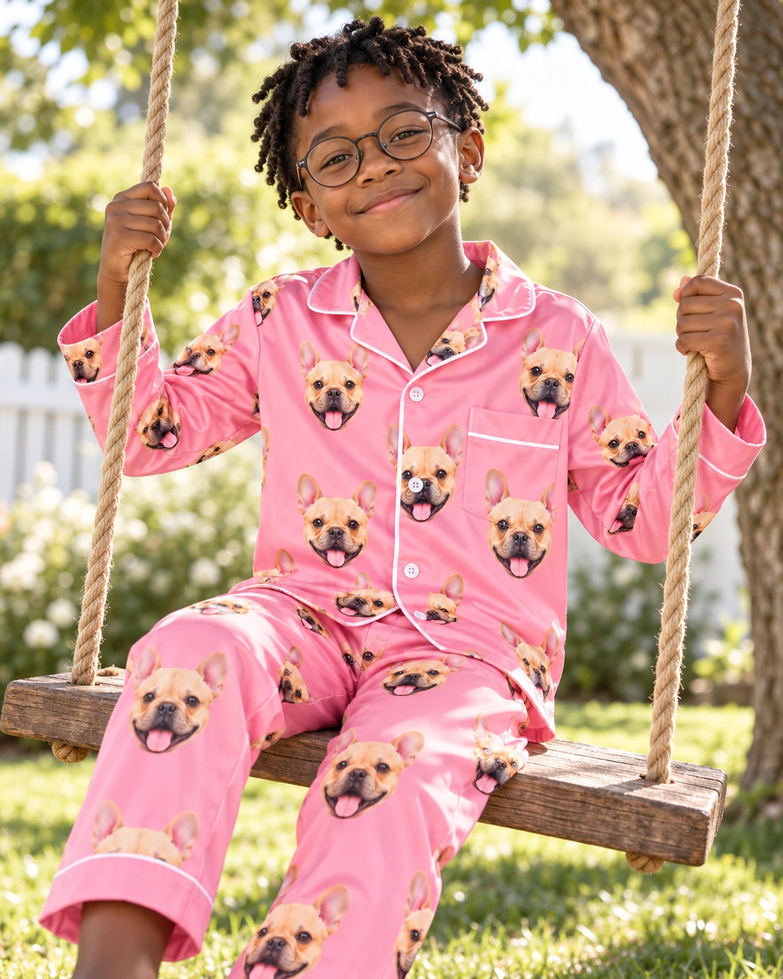 Boys Valentines Pajamas – Pose, Pink | MyDogPics Boy posing in boys Valentines pajamas, fawn French bulldog faces on pink satin — MyDogPics