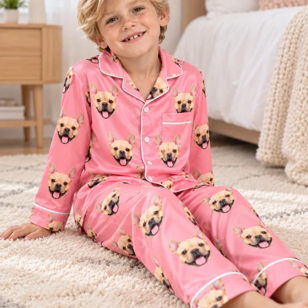 Boy sitting in boys Valentines pajamas covered in fawn French bulldog faces — MyDogPics