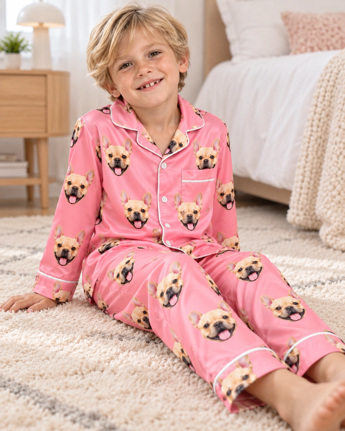 Boys Valentines Pajamas – Sitting, Pink | MyDogPics Boy sitting in boys Valentines pajamas covered in fawn French bulldog faces — MyDogPics