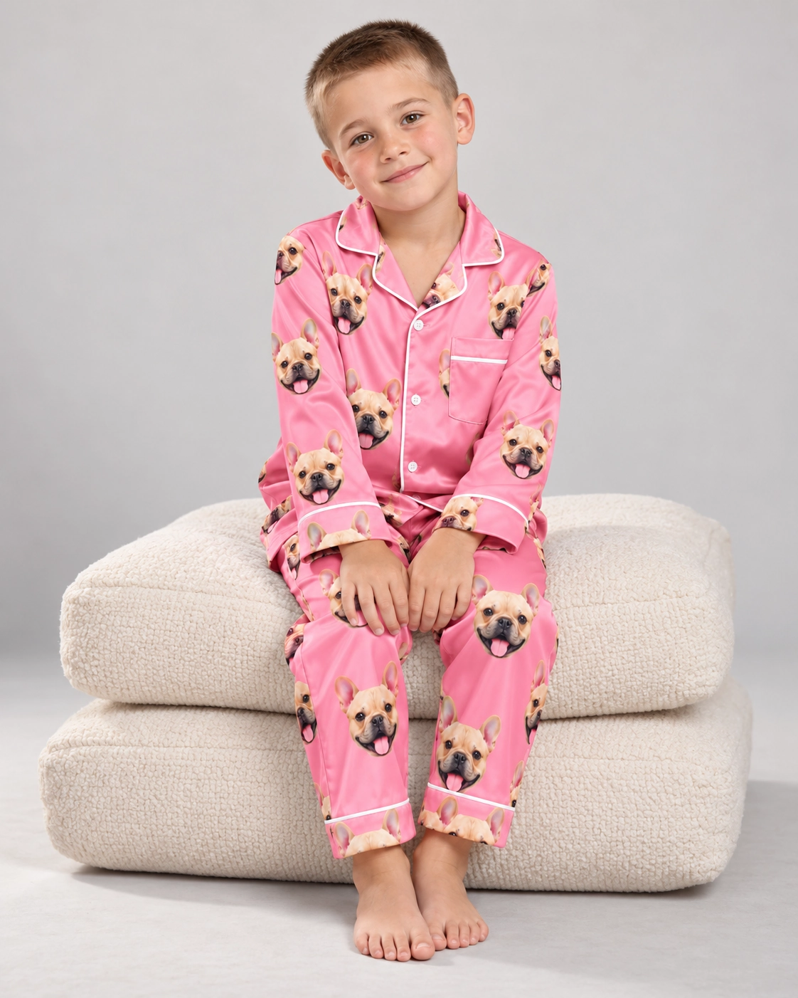 Boys Valentines Pajamas – Sitting, Pink | MyDogPics Boy sitting in boys Valentines pajamas covered in fawn French bulldog faces — MyDogPics