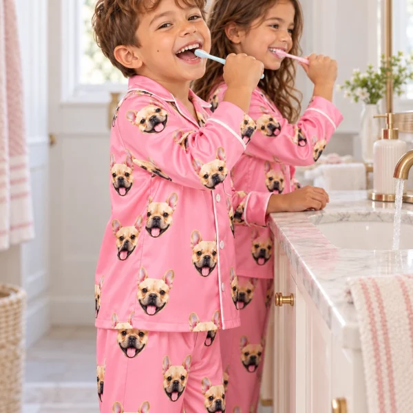 Two kids in boys Valentines pajamas with fawn French bulldog faces on pink satin — MyDogPics