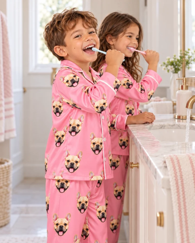 Two kids in boys Valentines pajamas with fawn French bulldog faces on pink satin — MyDogPics