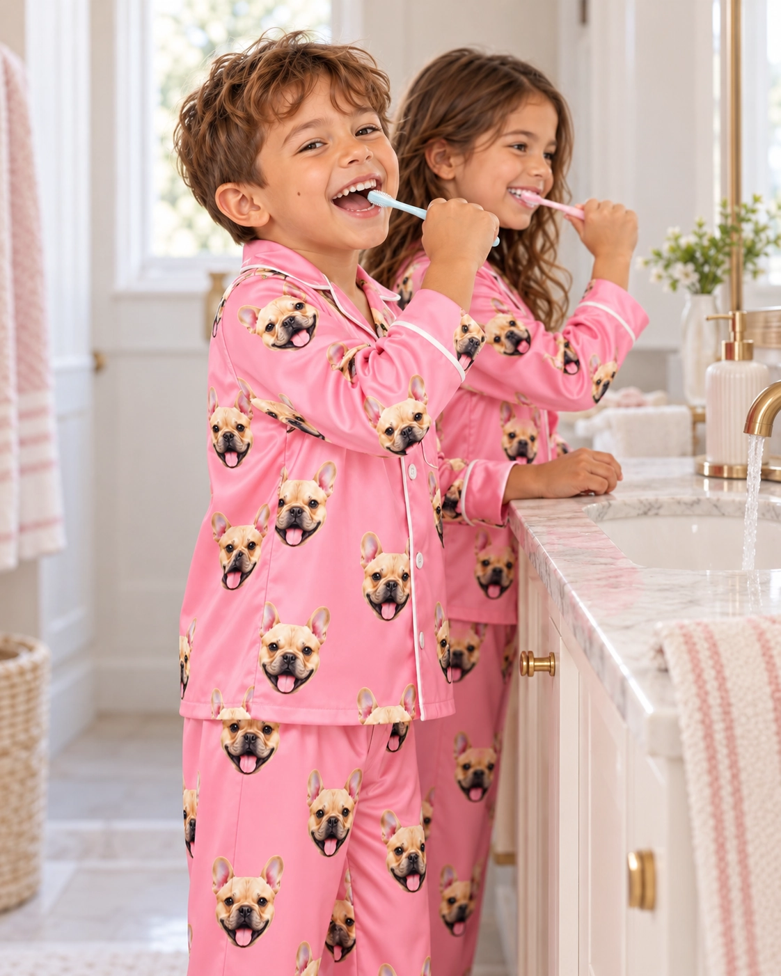 Boys Valentines Pajamas – Two Kids, Pink | MyDogPics Two kids in boys Valentines pajamas with fawn French bulldog faces on pink satin — MyDogPics