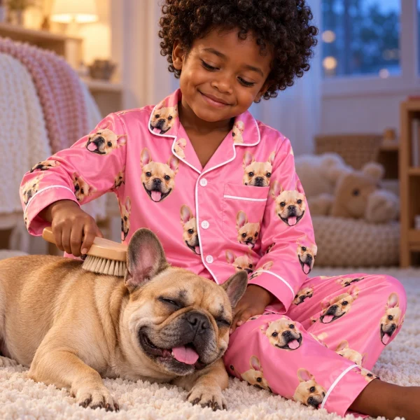 Boy in boys Valentines pajamas with his French bulldog — MyDogPics