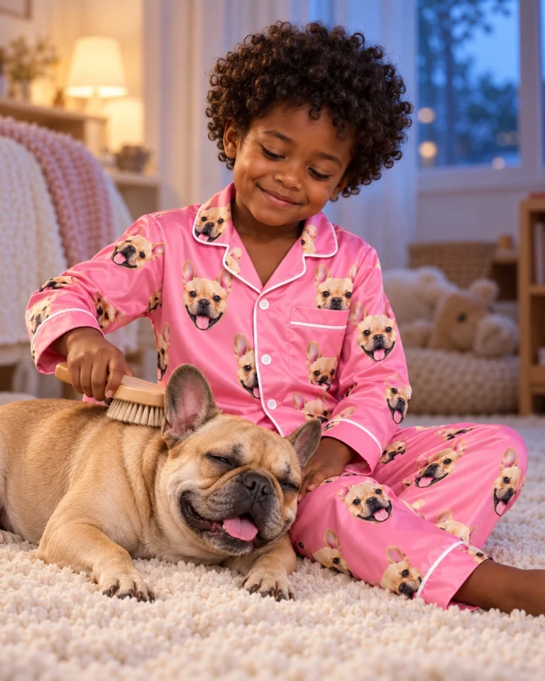 Boy in boys Valentines pajamas with his French bulldog — MyDogPics