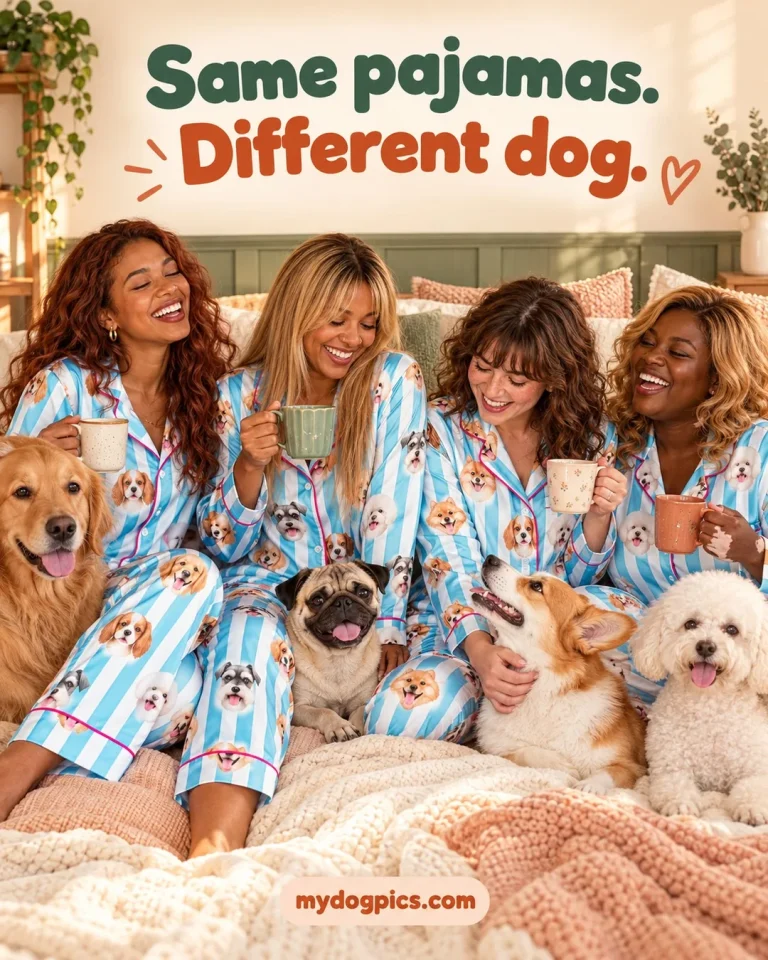 Four friends in matching blue and white pajamas, each with her own dog: bridesmaid pajamas, MyDogPics