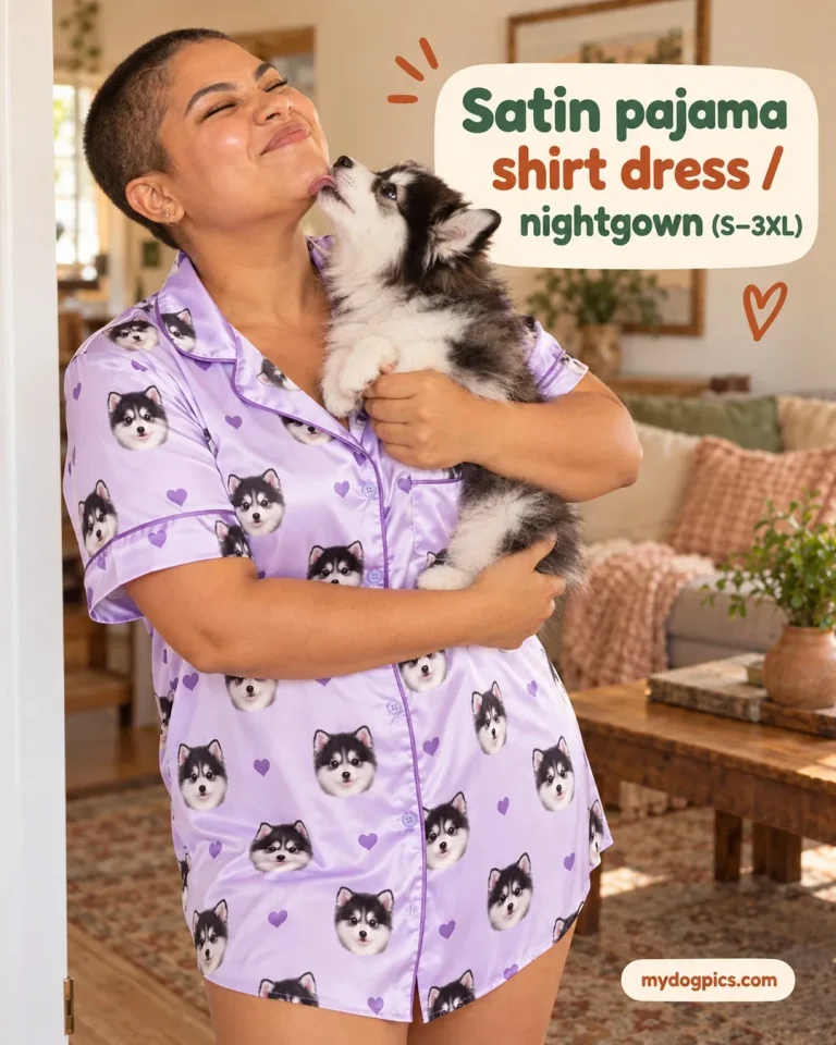 Woman in a lavender satin shirt dress printed with her husky puppy, a getting-ready look for bridesmaid pajamas, MyDogPics