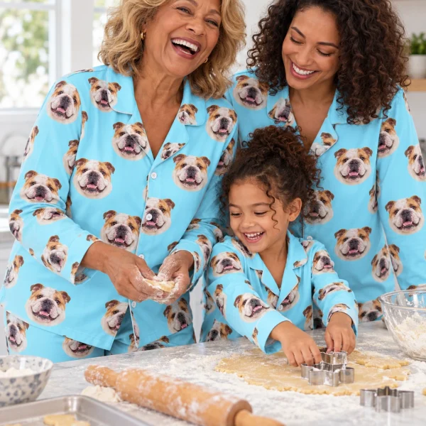 Woman and her family in matching british bulldog pajamas with white-and-fawn English Bulldog faces — MyDogPics