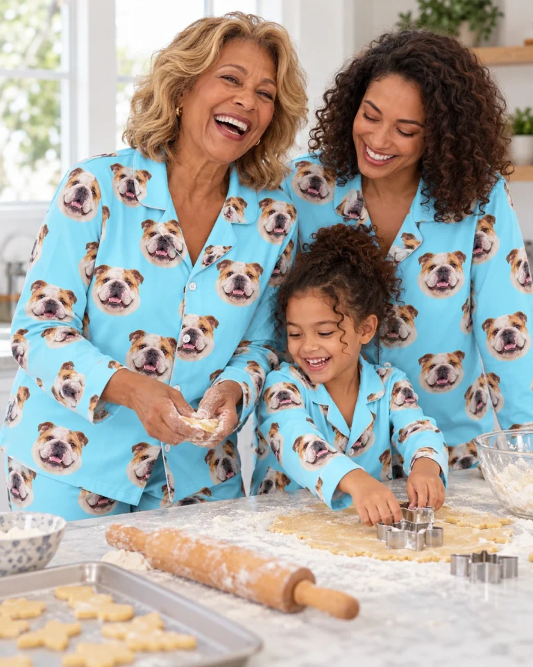 Woman and her family in matching british bulldog pajamas with white-and-fawn English Bulldog faces — MyDogPics