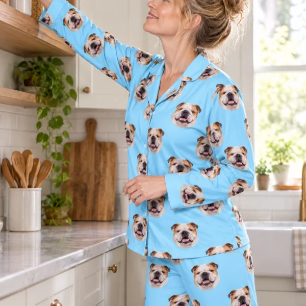 Side view of british bulldog pajamas with white-and-fawn English Bulldog faces on light blue fabric — MyDogPics