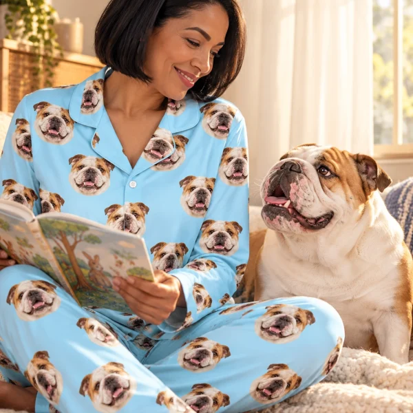 Woman in british bulldog pajamas with her Bulldog — MyDogPics