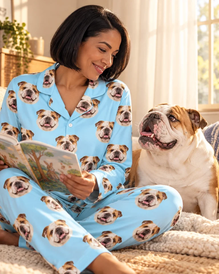 Woman in british bulldog pajamas with her Bulldog — MyDogPics