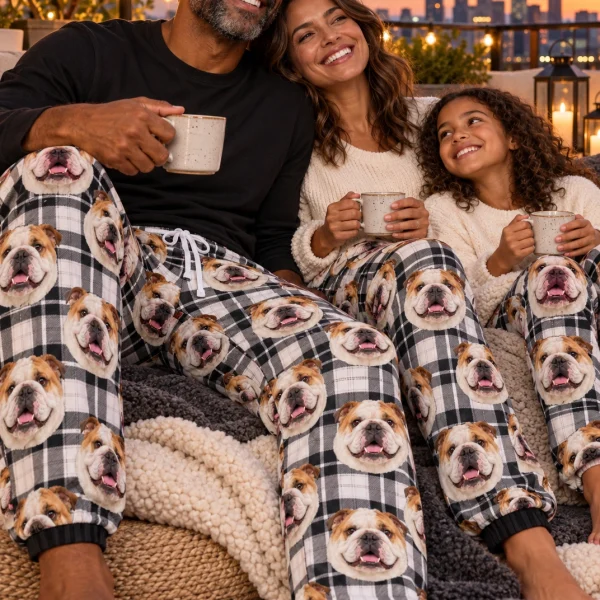 Man and his family in matching bulldog pajama pants with white-and-fawn English Bulldog faces — MyDogPics