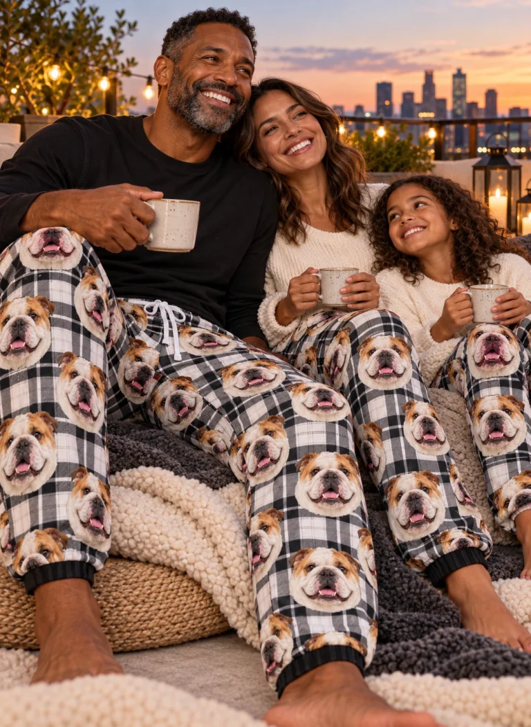 Man and his family in matching bulldog pajama pants with white-and-fawn English Bulldog faces — MyDogPics