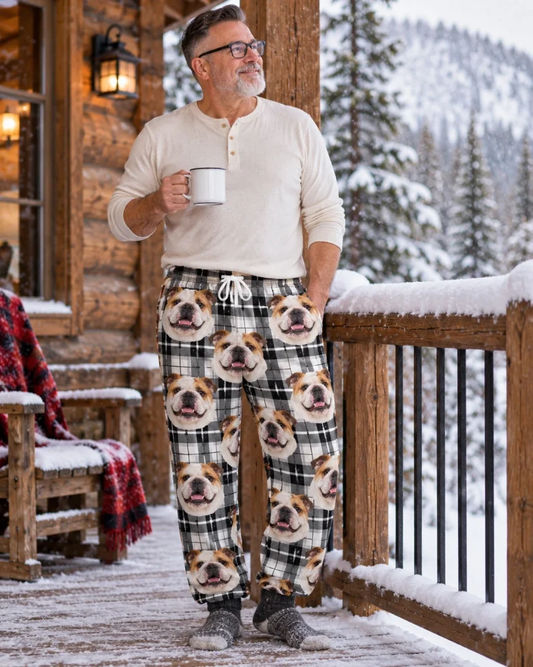 Man posing in bulldog pajama pants, white-and-fawn English Bulldog faces on white plaid fabric — MyDogPics
