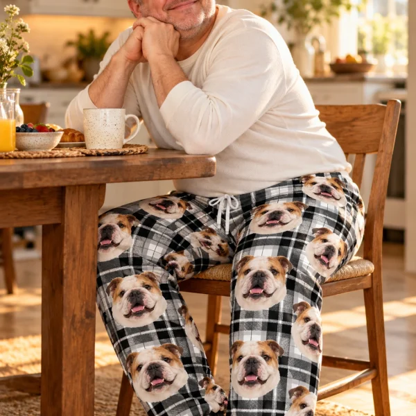 Man sitting in bulldog pajama pants covered in white-and-fawn English Bulldog faces — MyDogPics