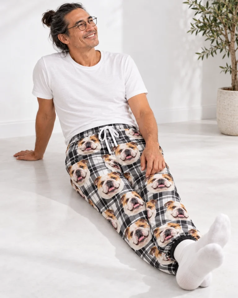 Man sitting in bulldog pajama pants covered in white-and-fawn English Bulldog faces — MyDogPics