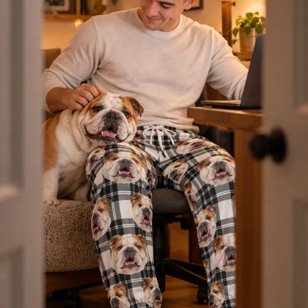 Man in bulldog pajama pants with his Bulldog — MyDogPics