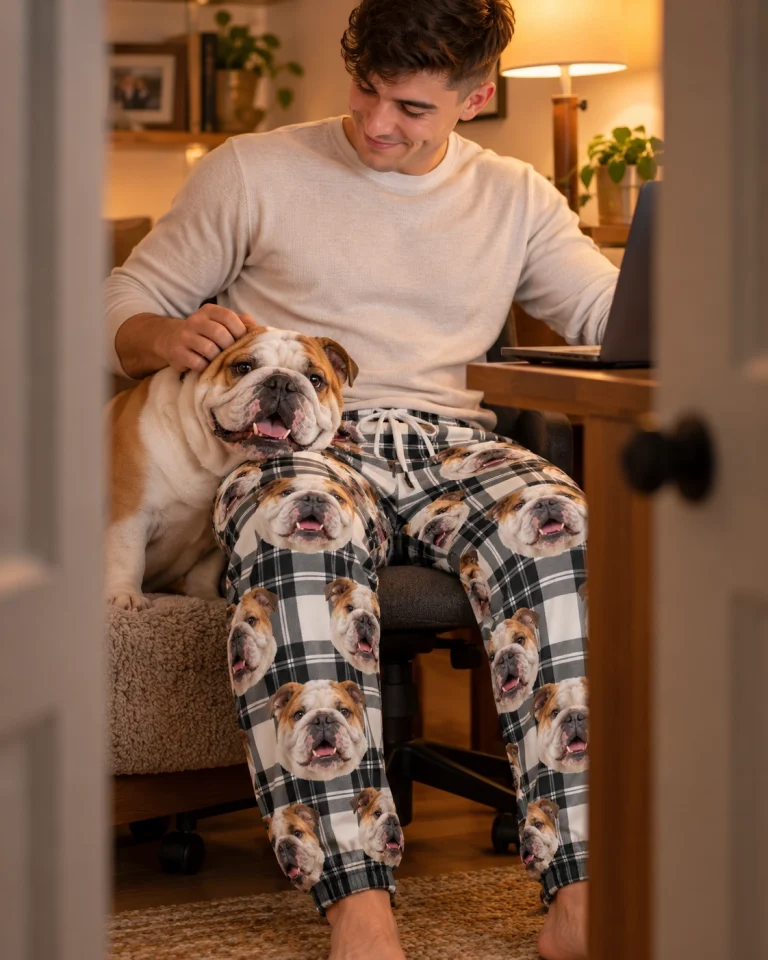 Man in bulldog pajama pants with his Bulldog — MyDogPics
