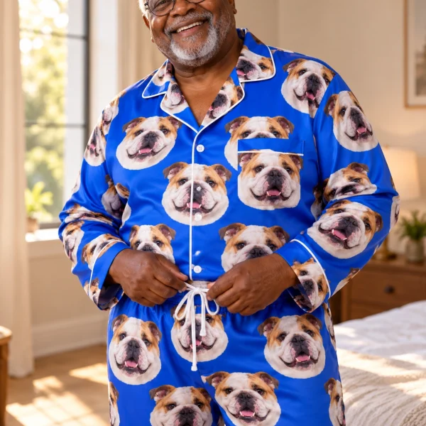 Close-up of the bulldog pajamas men print: white-and-fawn English Bulldog faces on royal blue satin — MyDogPics