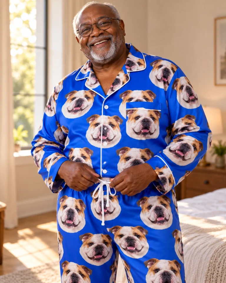 Close-up of the bulldog pajamas men print: white-and-fawn English Bulldog faces on royal blue satin — MyDogPics