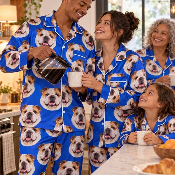 Man and his family in matching bulldog pajamas men with white-and-fawn English Bulldog faces on royal blue satin — MyDogPics