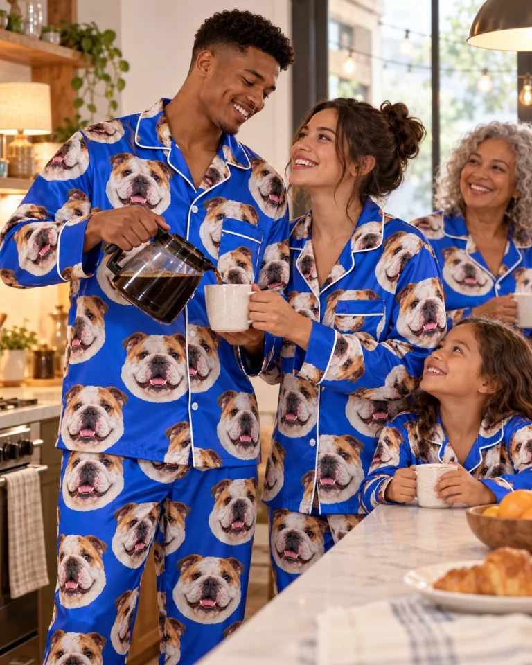 Man and his family in matching bulldog pajamas men with white-and-fawn English Bulldog faces on royal blue satin — MyDogPics