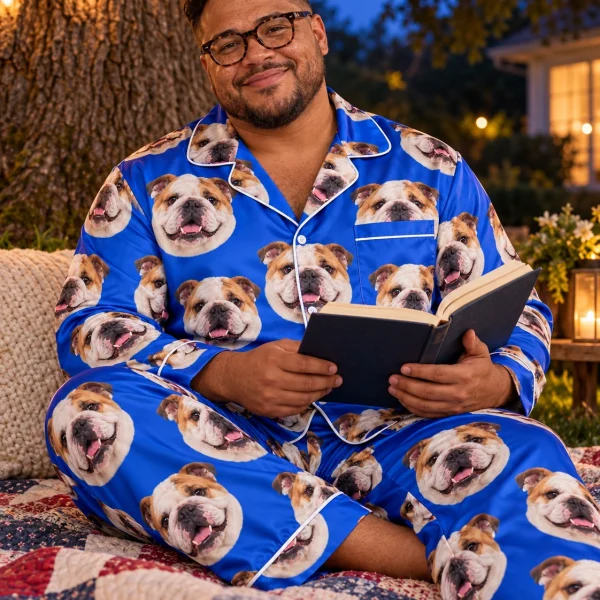 Man sitting in a bulldog pajamas men covered in white-and-fawn English Bulldog faces — MyDogPics