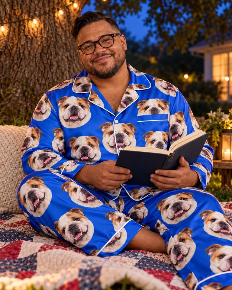 Man sitting in a bulldog pajamas men covered in white-and-fawn English Bulldog faces — MyDogPics
