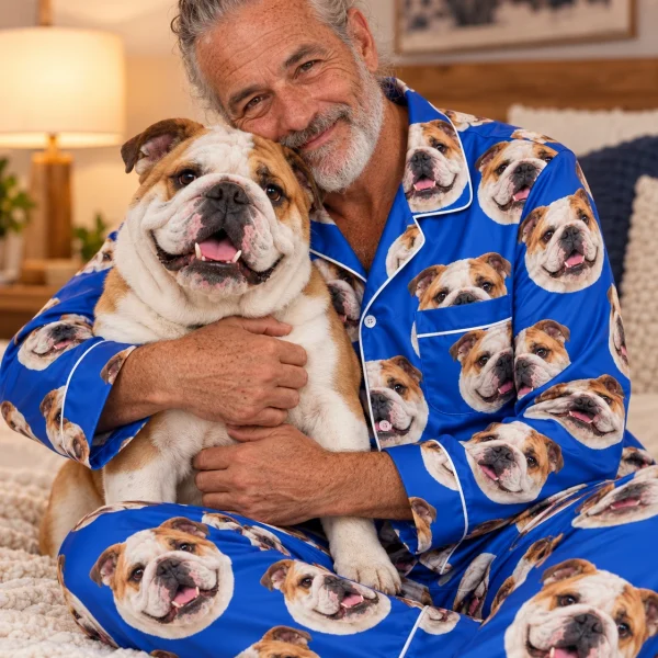 Man in a bulldog pajamas men with his Bulldog — MyDogPics